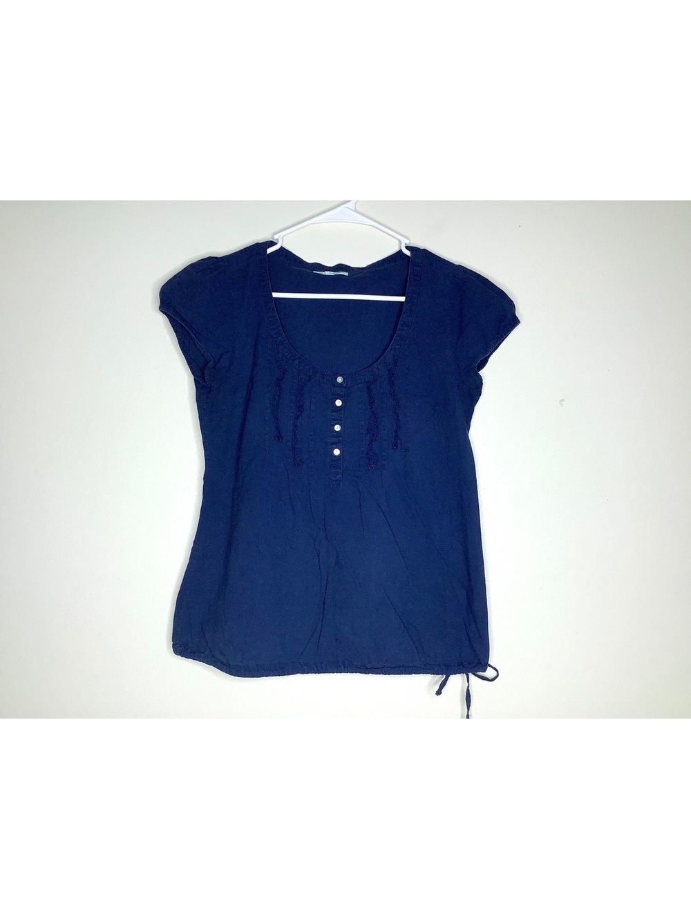< Y2K Maurices Navy Blue Short Puff Sleeve Babydoll Blouse > - Picture 2 of 8